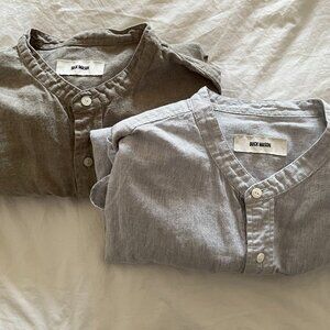 Tan Buck Mason Collarless Button Down Linen Shirt